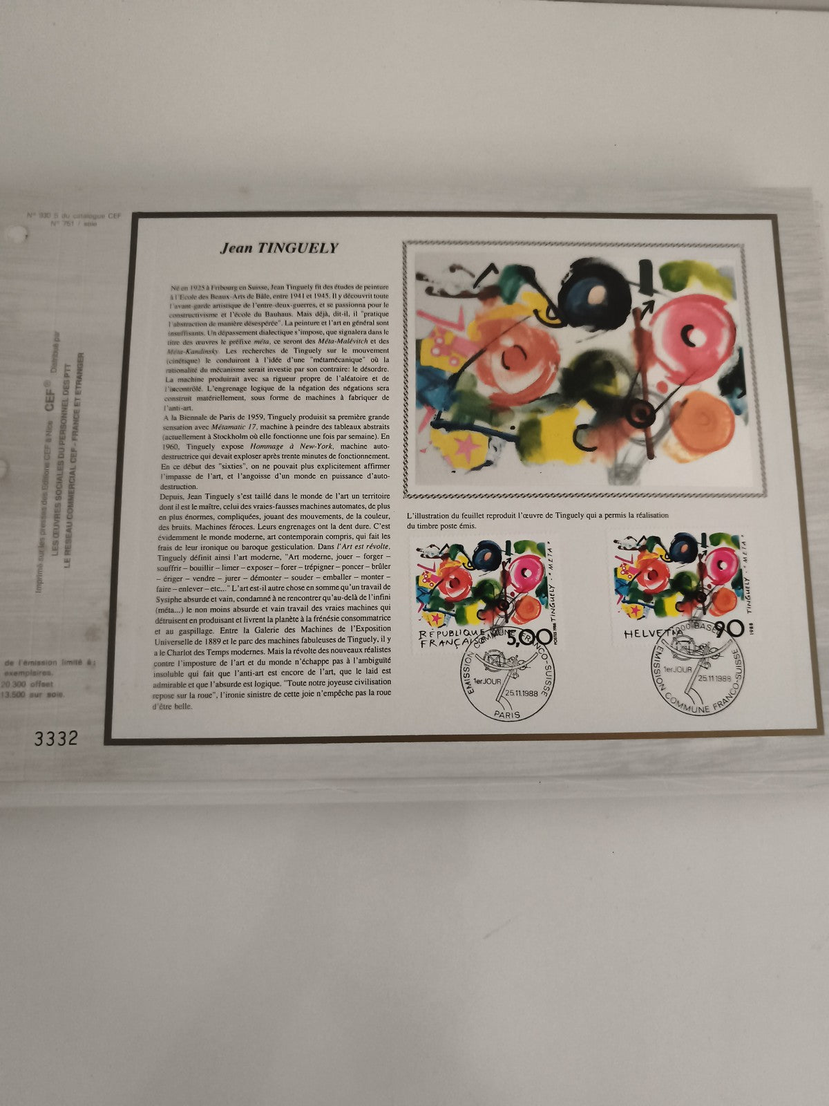Feuillet philatélique CEF Jean Tinguely timbres France Suisse 1988 oblitérés