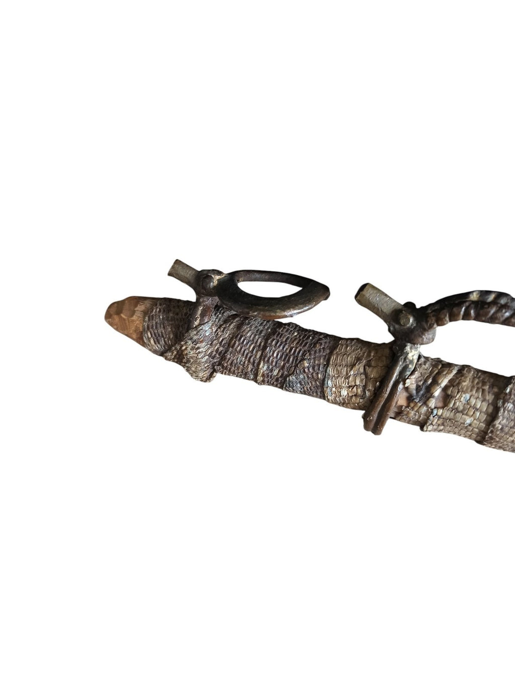 Pipe africaine ancienne bois serpent bronze, sculpture ethnique décorative