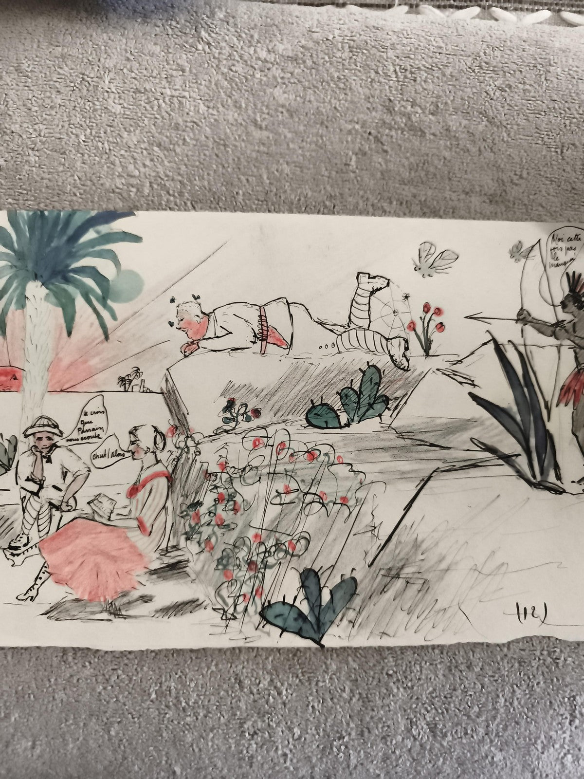 CPA illustrée humoristique scène coloniale aquarelle encre dialogue