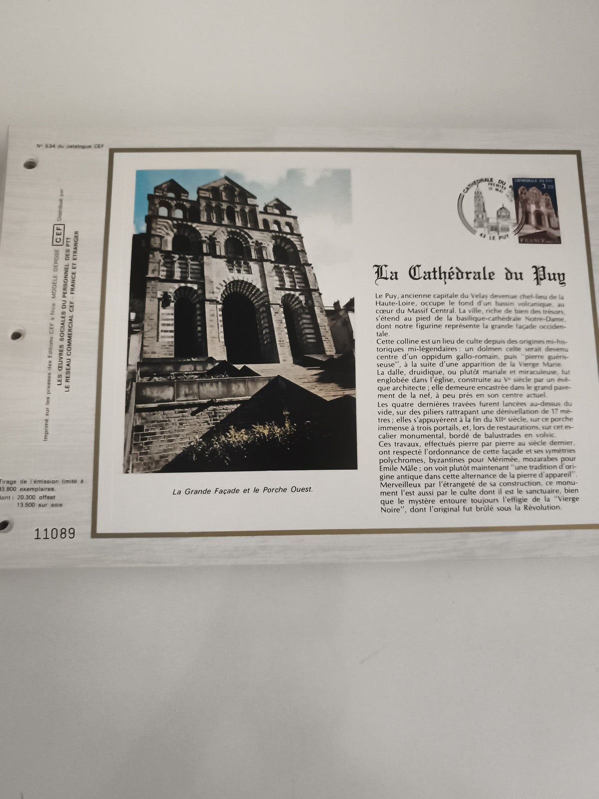 Feuillet philatélique CEF La Cathédrale du Puy oblitéré, Timbre France