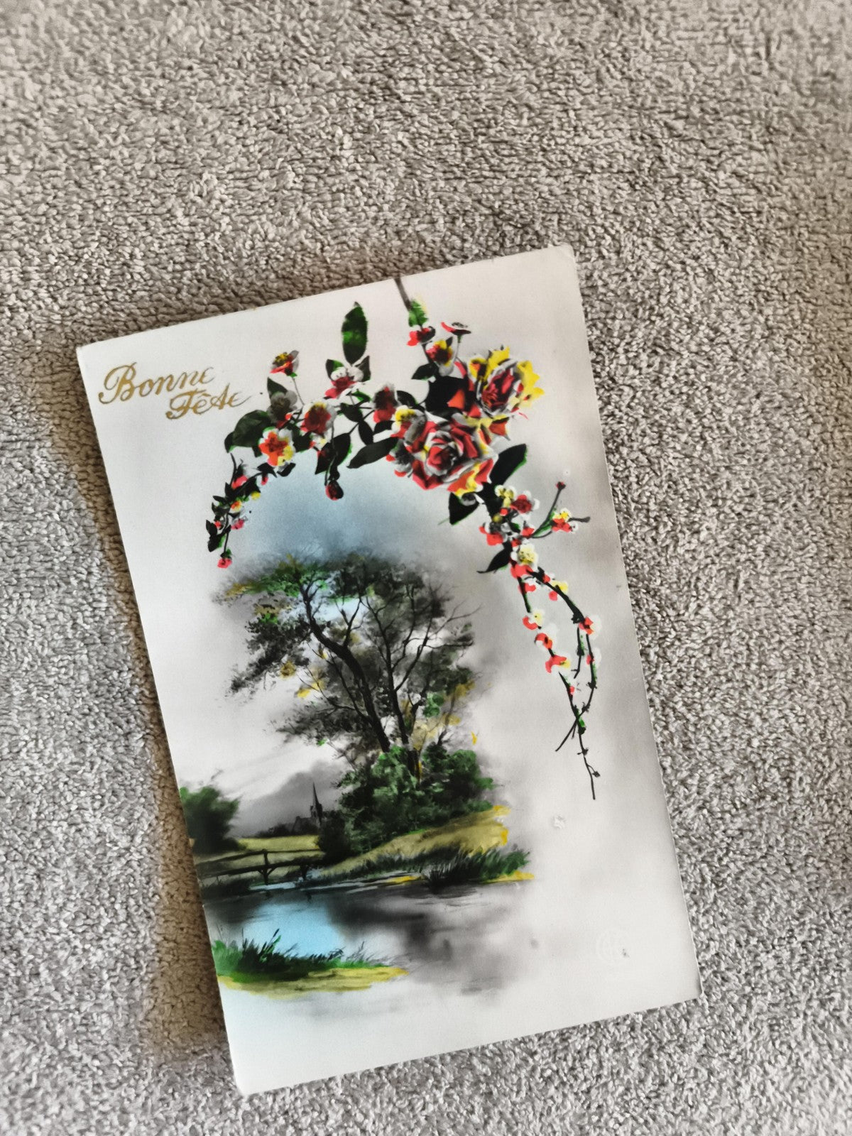 Carte postale illustrée Bonne Fête paysage fleurs CPA