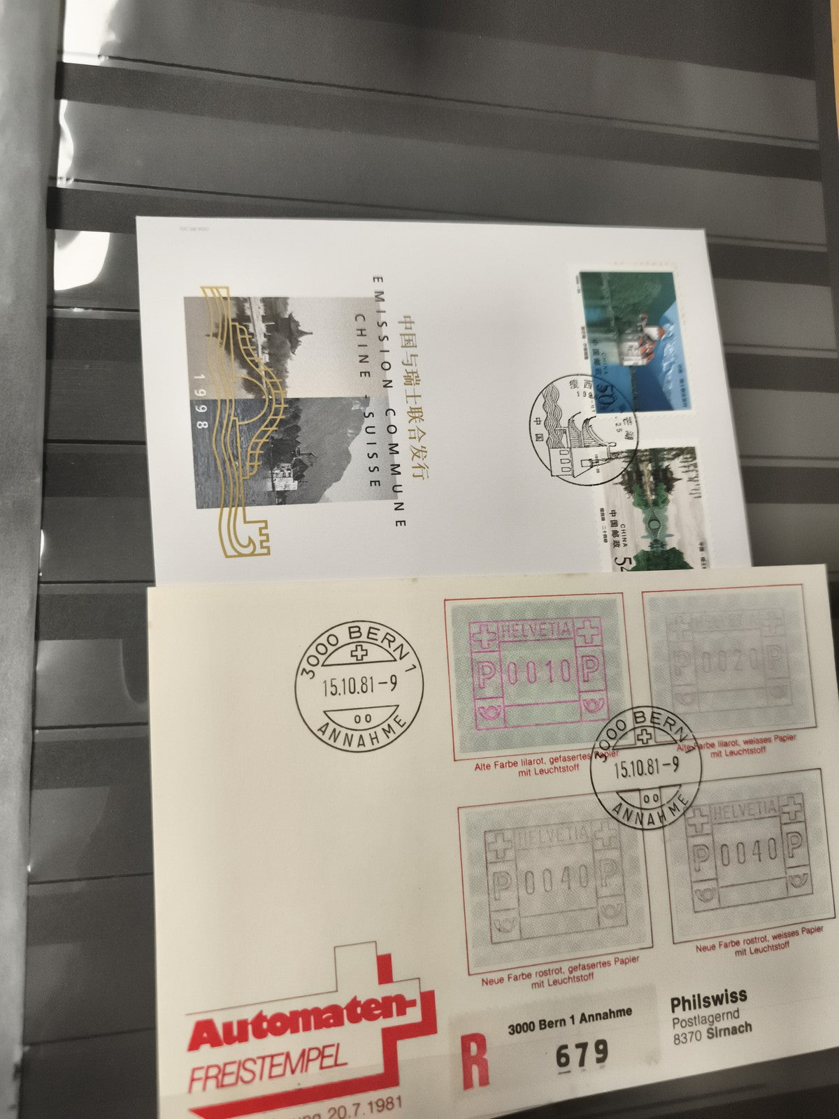 Premiers jour Suisse Chine 1998 + carte Automaten Bern philatélie timbres