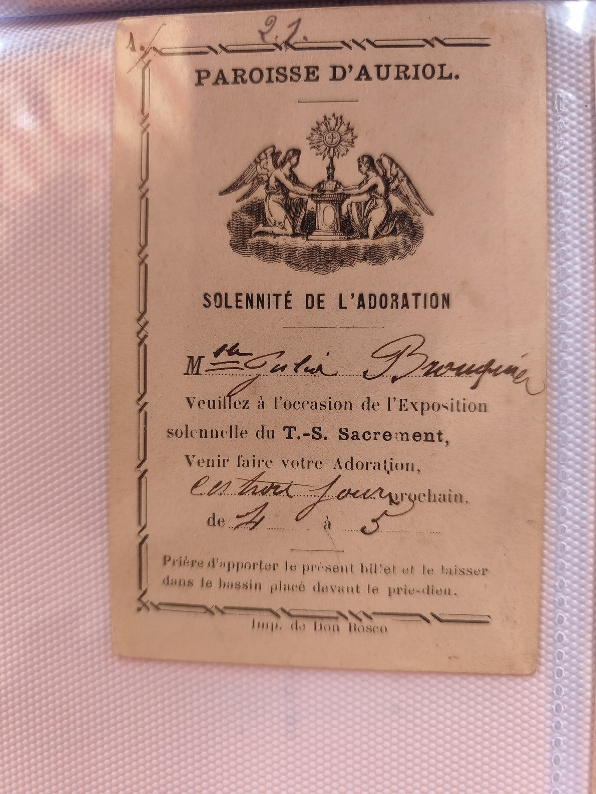 Old map Parish of Auriol vintage? religious ticket adoration, angel decor
