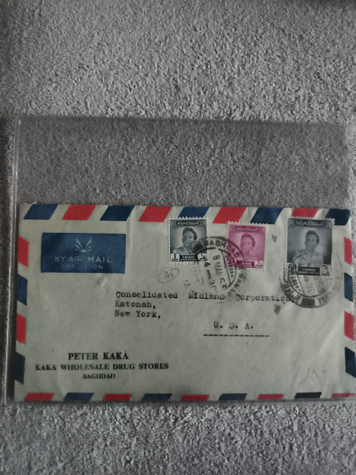 Lettre affranchie Irak timbres 1950s avion Air Mail Bagdad USA philatélie (Ref 2