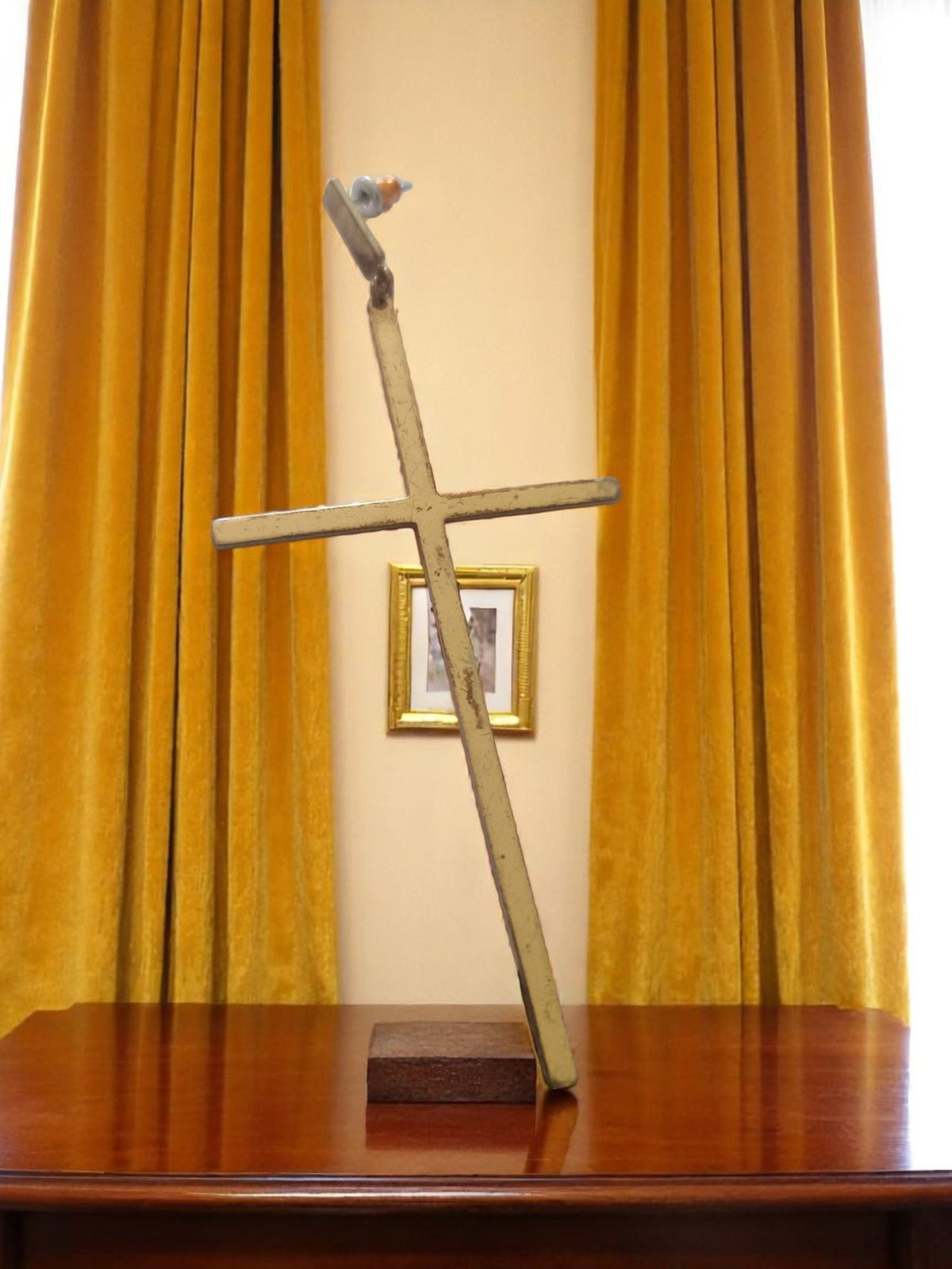 Vintage Catholic cross on wooden base, gilded finish, religious decoration