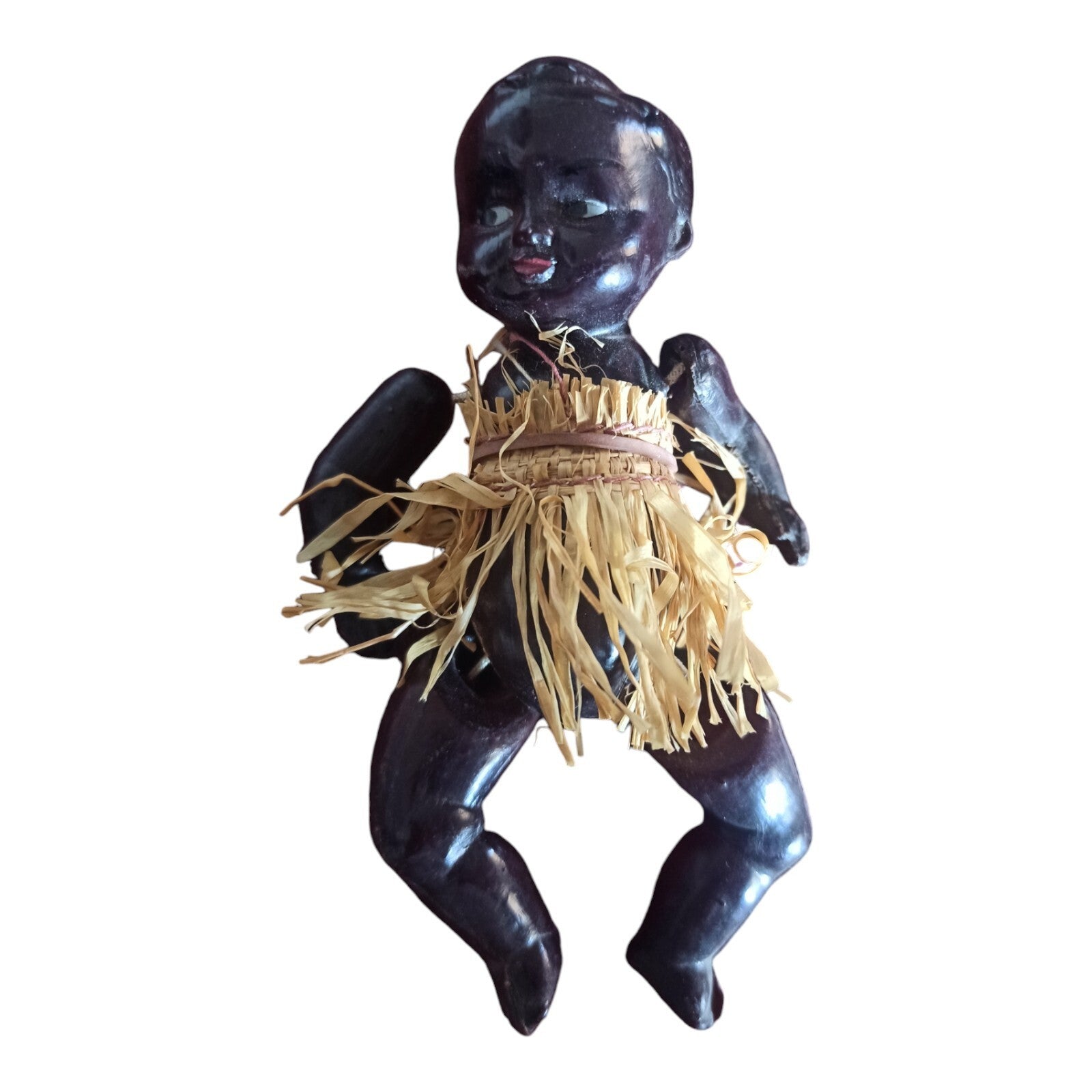 Poupée africaine vintage en tissu, jupe raphia, artisanat ancien déco