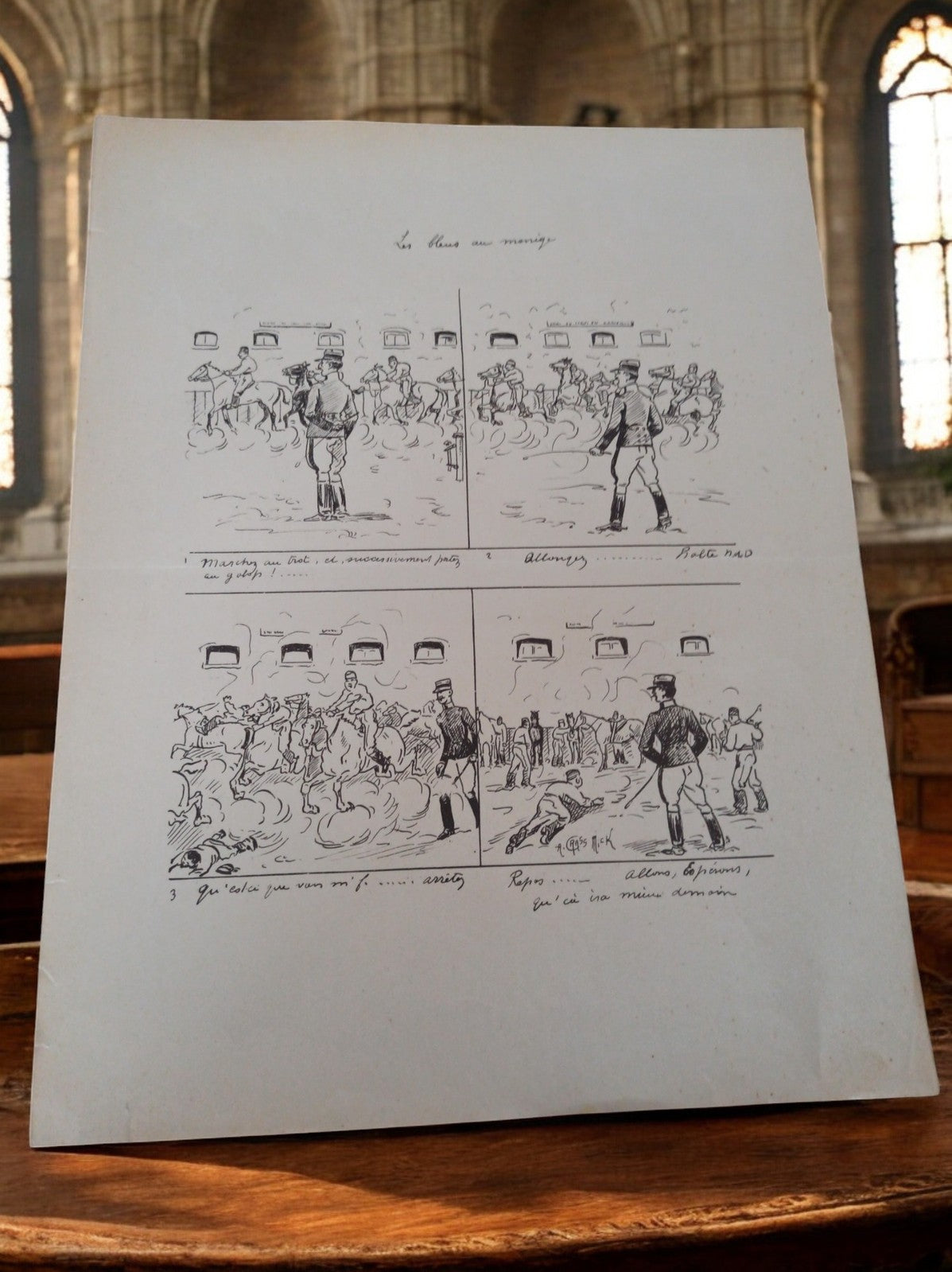 Planche dessin humoristique vintage Grass Mick "La Revue au Manège" signée