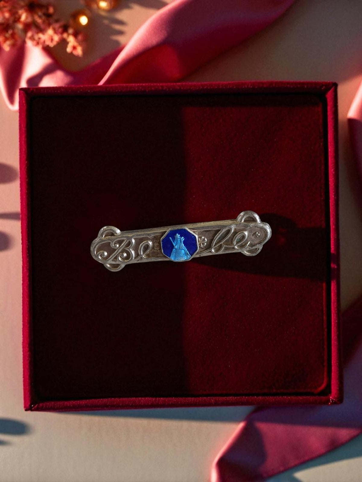 Vintage silver religious baptism brooch blue Art Nouveau decor