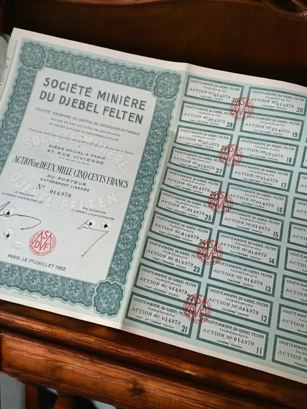 Action ancienne Société Minière Djebel Felten 1952 au porteur bleu vintage