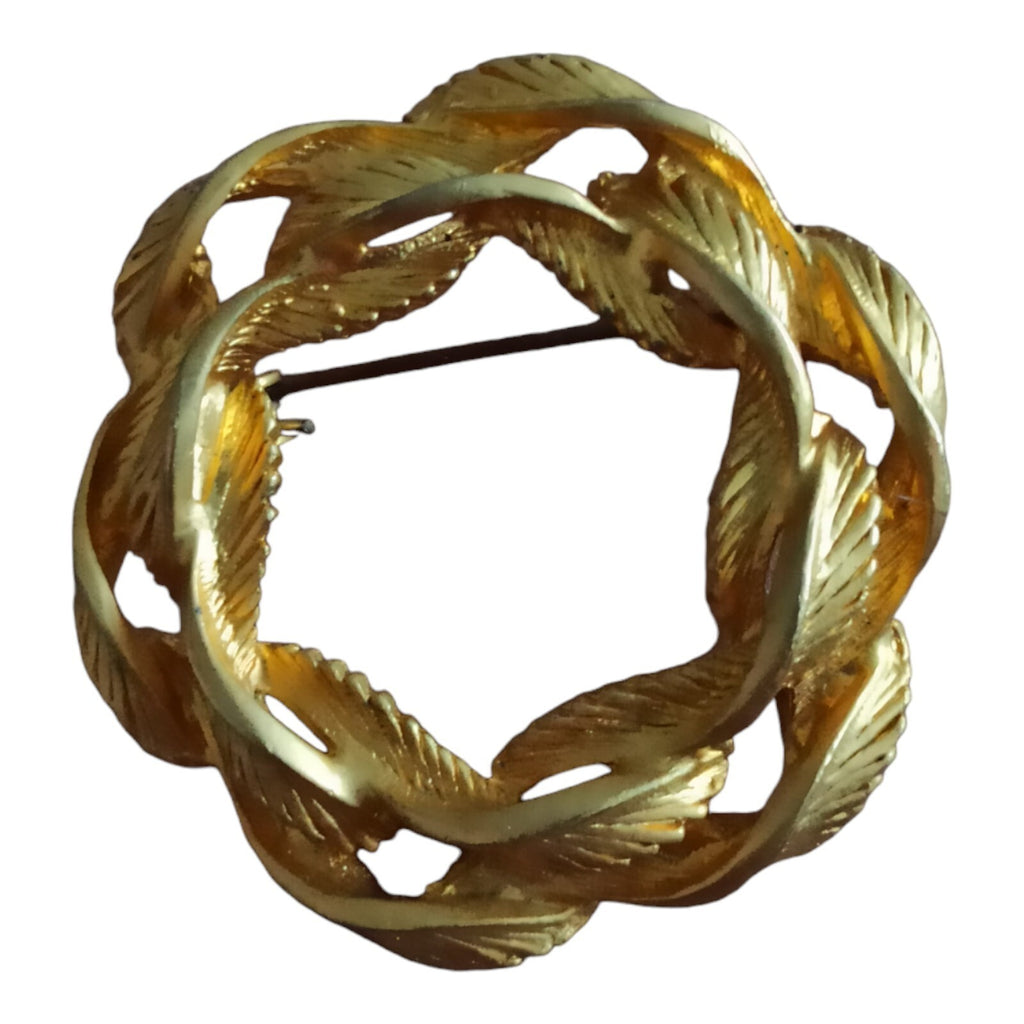Broche couronne laurier vintage dorure sur métal, bijou ancien feuille or