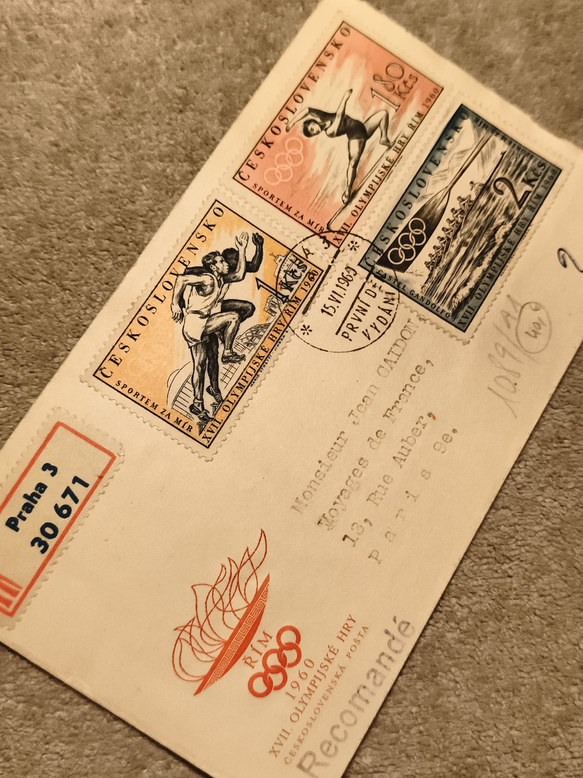 Lettre premier jour Rome 1960 Jeux Olympiques Tchécoslovaquie affranchissement s