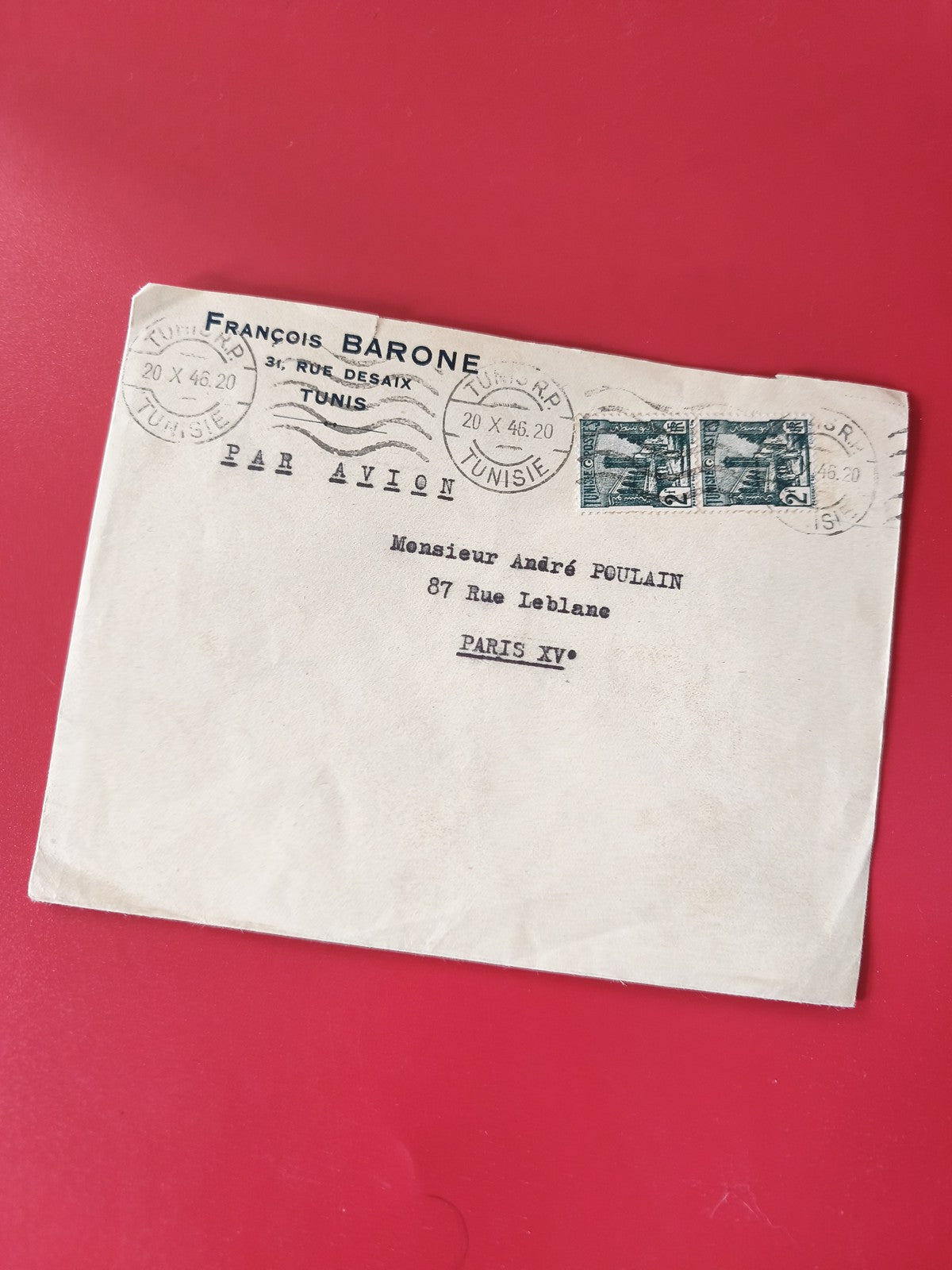 Enveloppe philatélie affranchie Tunisie cachets 1946 timbres verts Par Avion