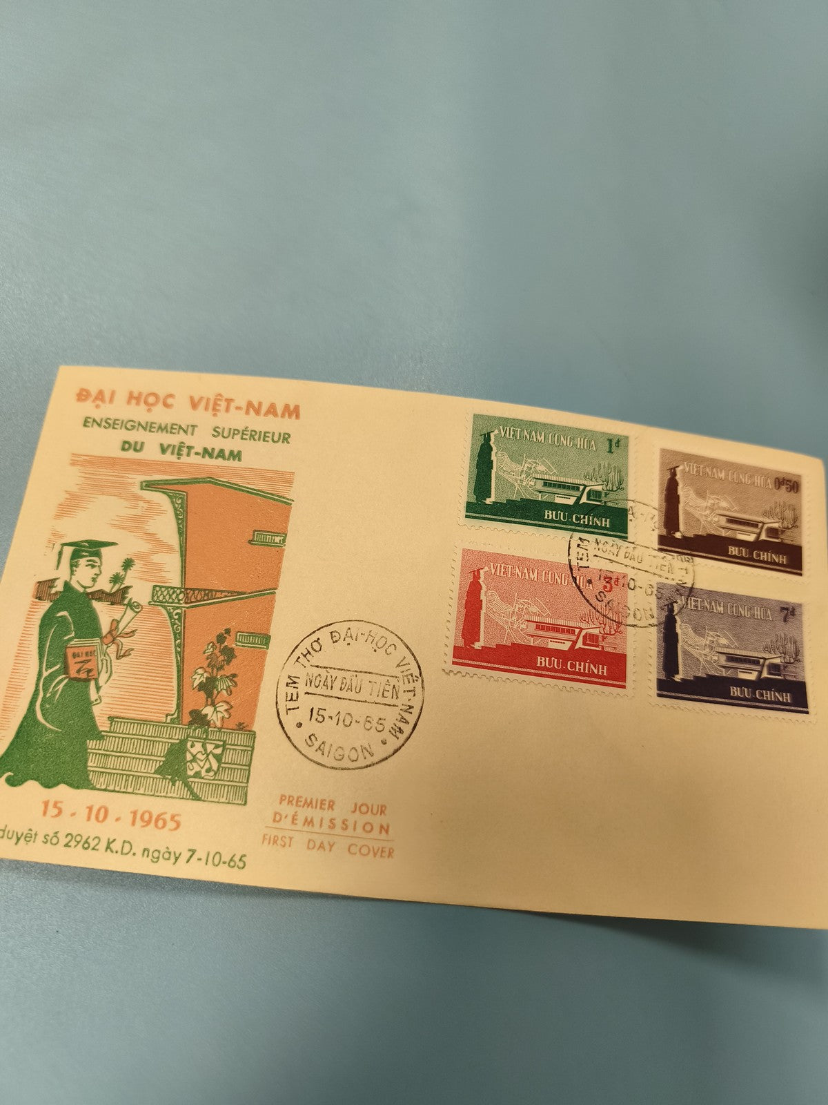 Ancienne enveloppe FDC Vietnam 1965 timbres université, premier jour Saigon