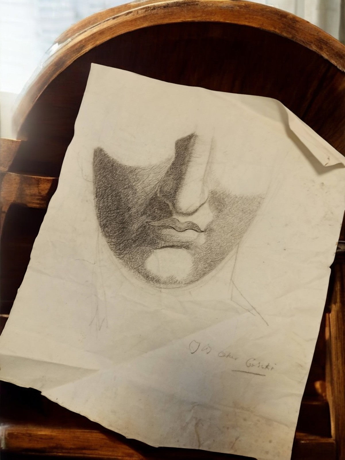 Dessin ancien visage graphite signé, art original vintage, œuvre rétro