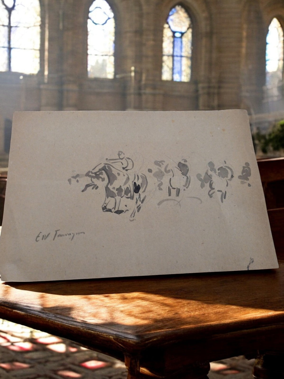 Esquisse originale cavalerie E.W. Tennyson encre monochrome vintage