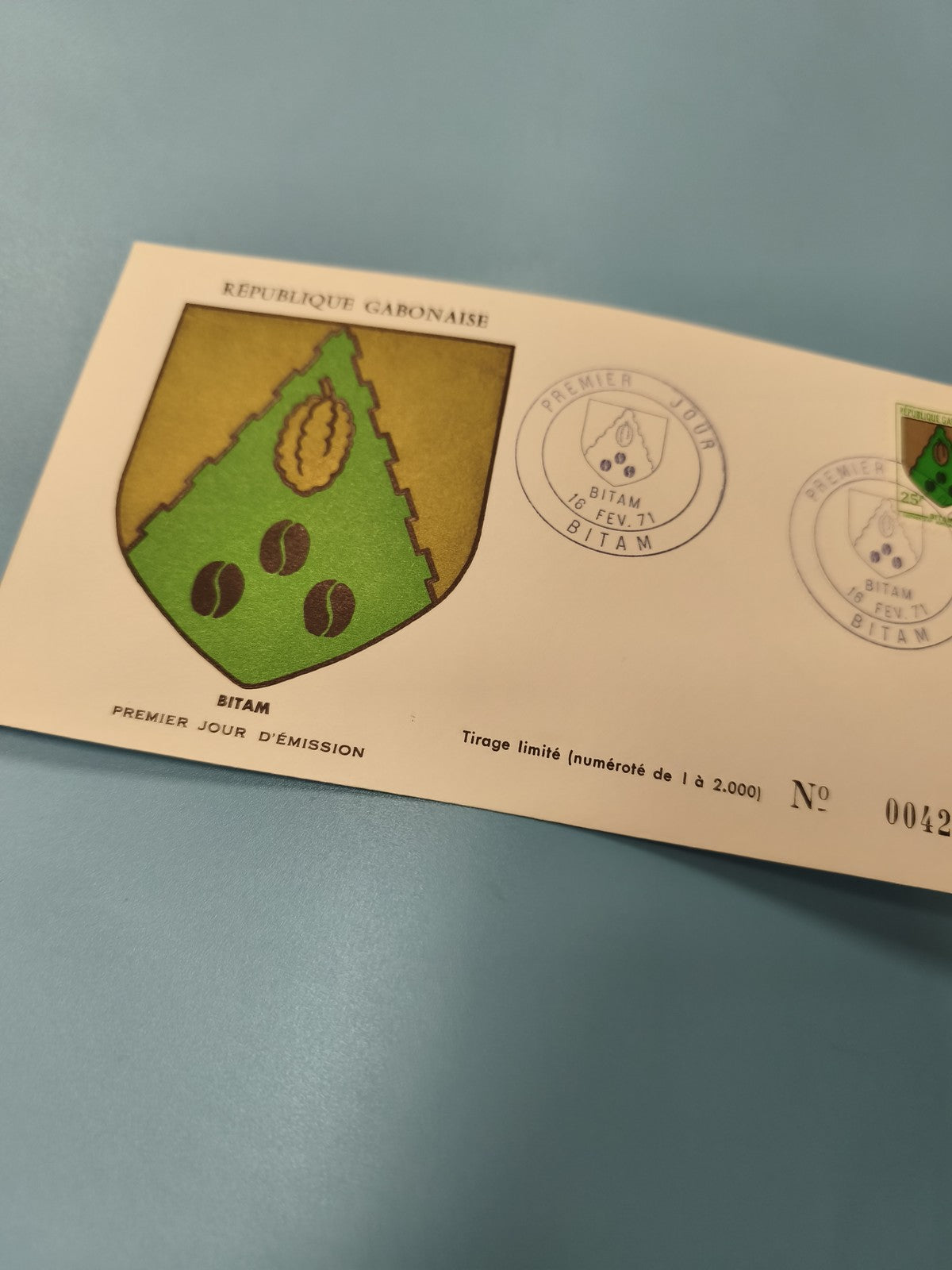 Enveloppe FDC premier jour d'émission Bitam Gabon blason tirage limité