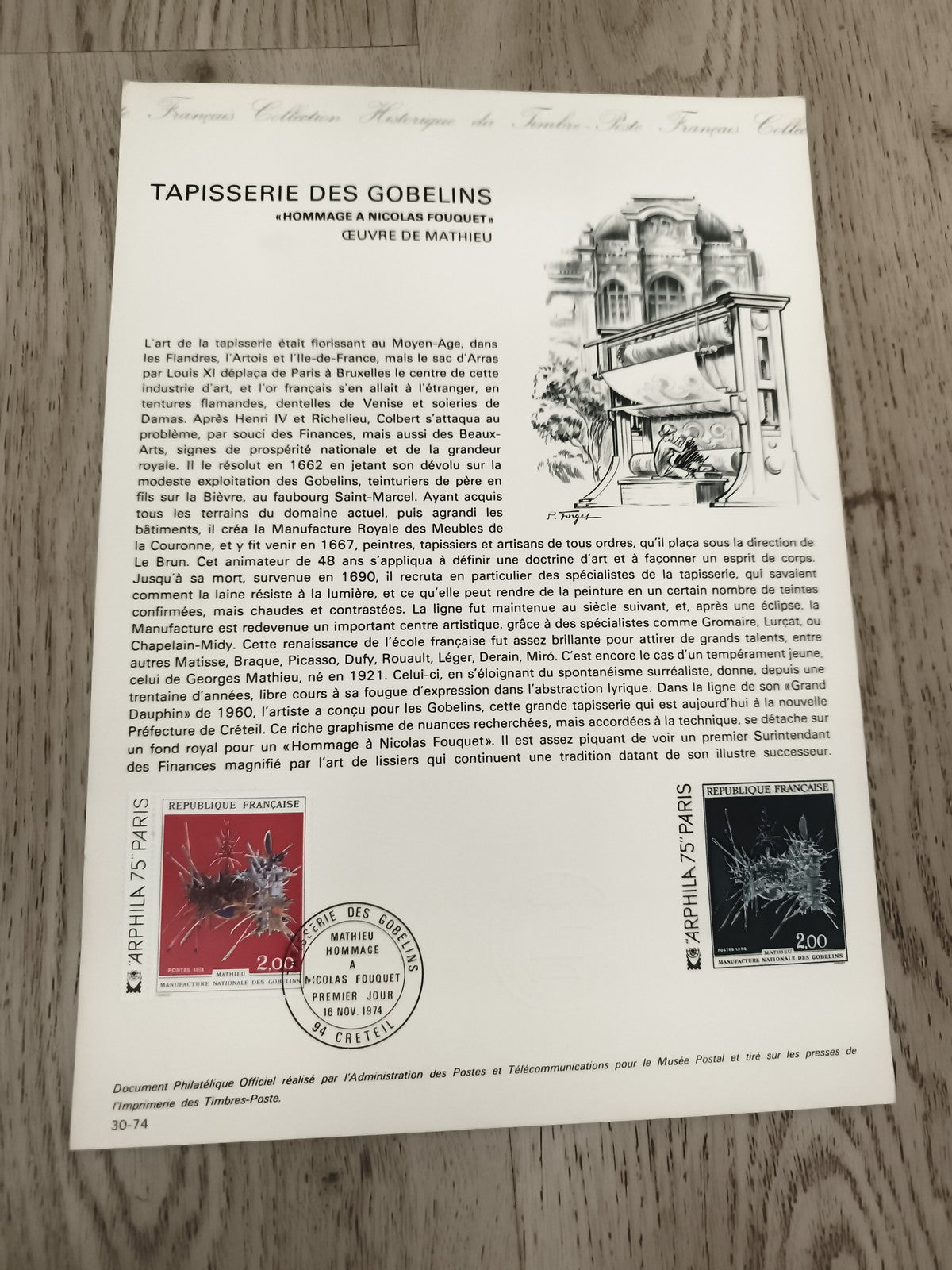 Carte philatélique Tapisserie des Gobelins 1974, 2 timbres 2F, Premier Jour ARPH