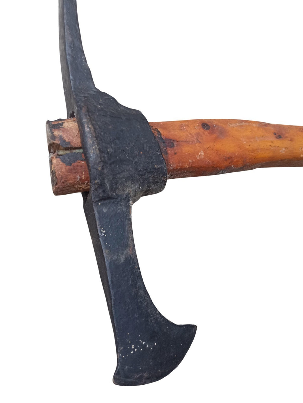 Hache piolet ancien de mineur XIXe, outil vintage, manche bois patiné