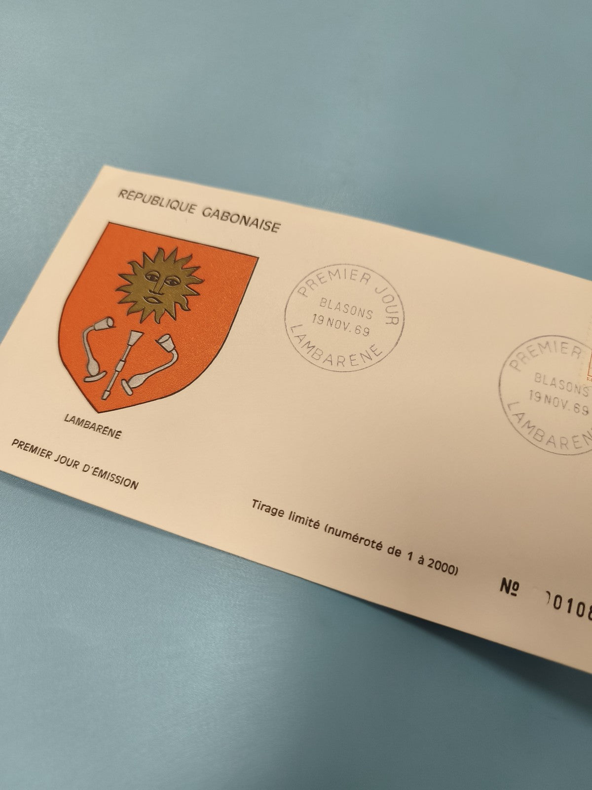 Enveloppe FDC Premier Jour Gabon Lambaréné blason soleil tirage limité 1969