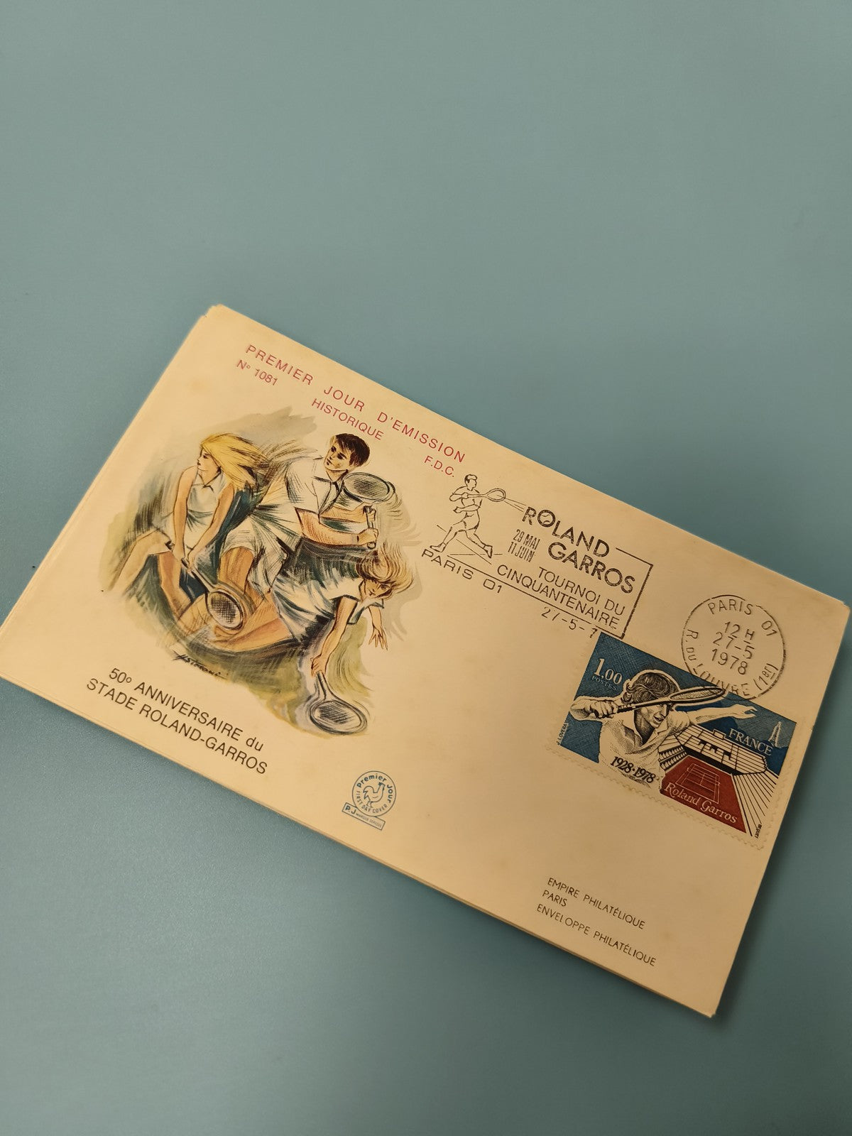 Enveloppe premier jour FDC Roland Garros 1978, illustration tennis, timbre coule
