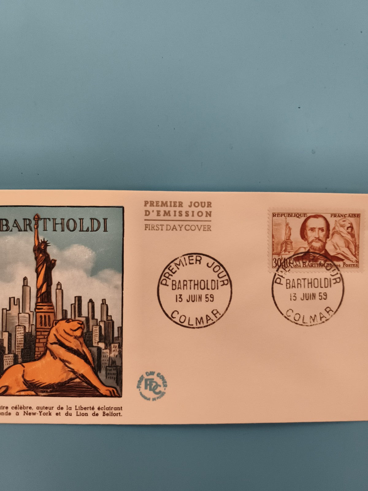 Lettre premier jour Bartholdi Colmar 1959 timbre 30F Liberté Lion Belfort FDC