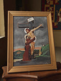 Tableau religieux ancien signé G. Nellio, peinture Christ croix vintage cadre do