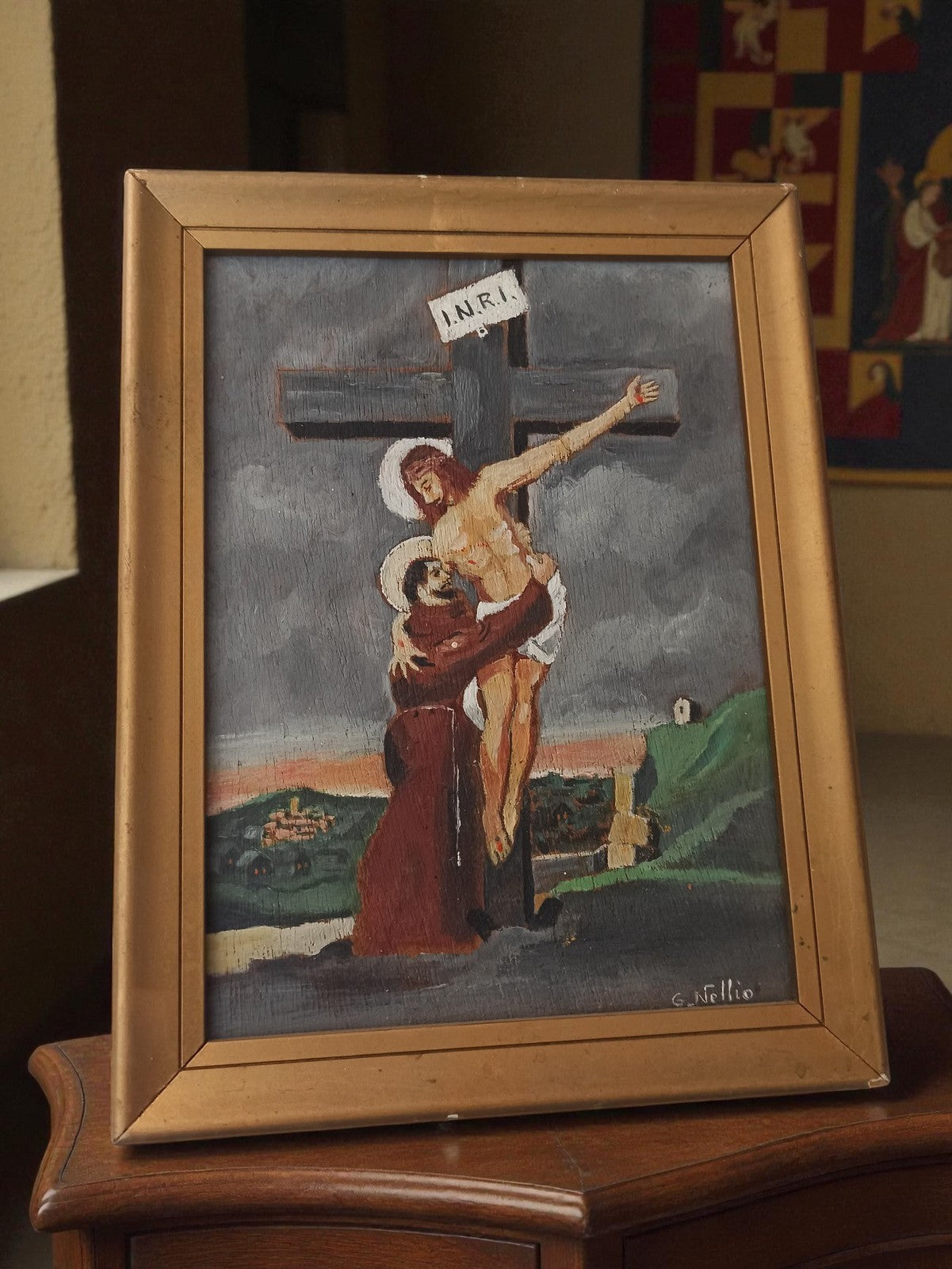Tableau religieux ancien signé G. Nellio, peinture Christ croix vintage cadre do
