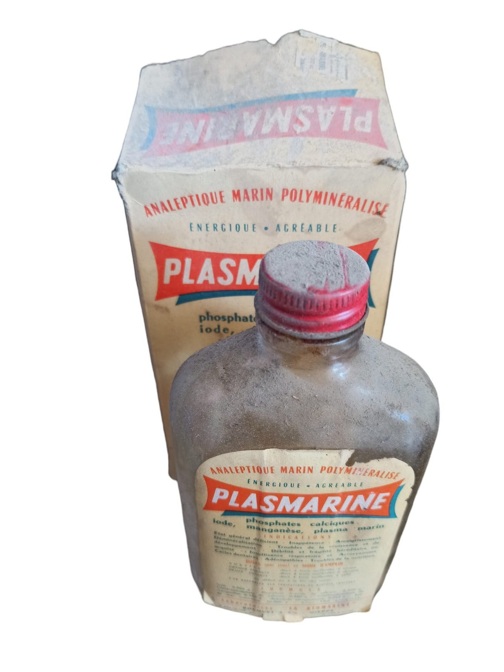 Bouteille ancienne Plasmarine années 40 avec boîte, analgétique marin vintage
