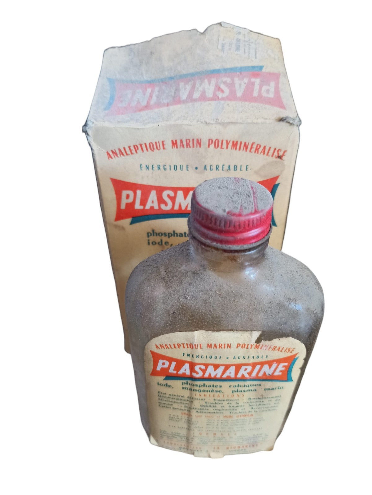 Bouteille ancienne Plasmarine années 40 avec boîte, analgétique marin vintage
