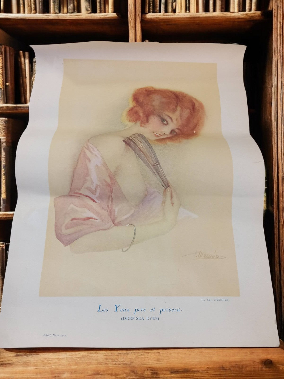 Lithographie ancienne Les yeux pers et pervera art rétro femme 1922 Meunier