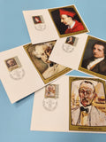 Lot cartes postales timbrées portraits célèbres fond blanc philatélie