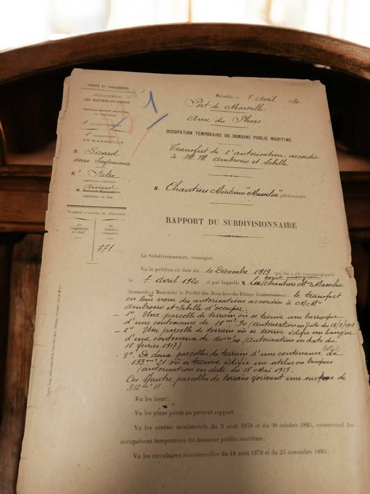 Document administratif ancien Marseille 1920 rapport Ponts et Chaussées vintage