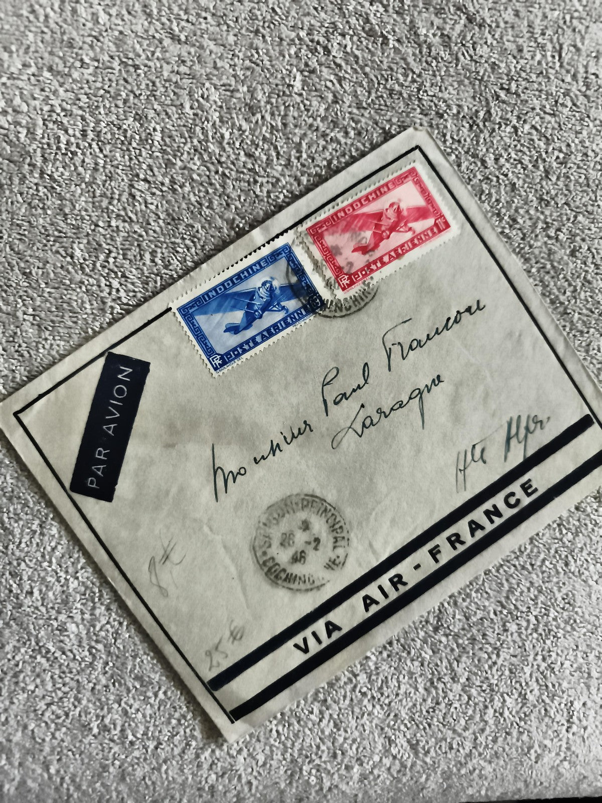 Lettre Air France Indochine 1946 timbres avion bleu rouge philatélie courrier