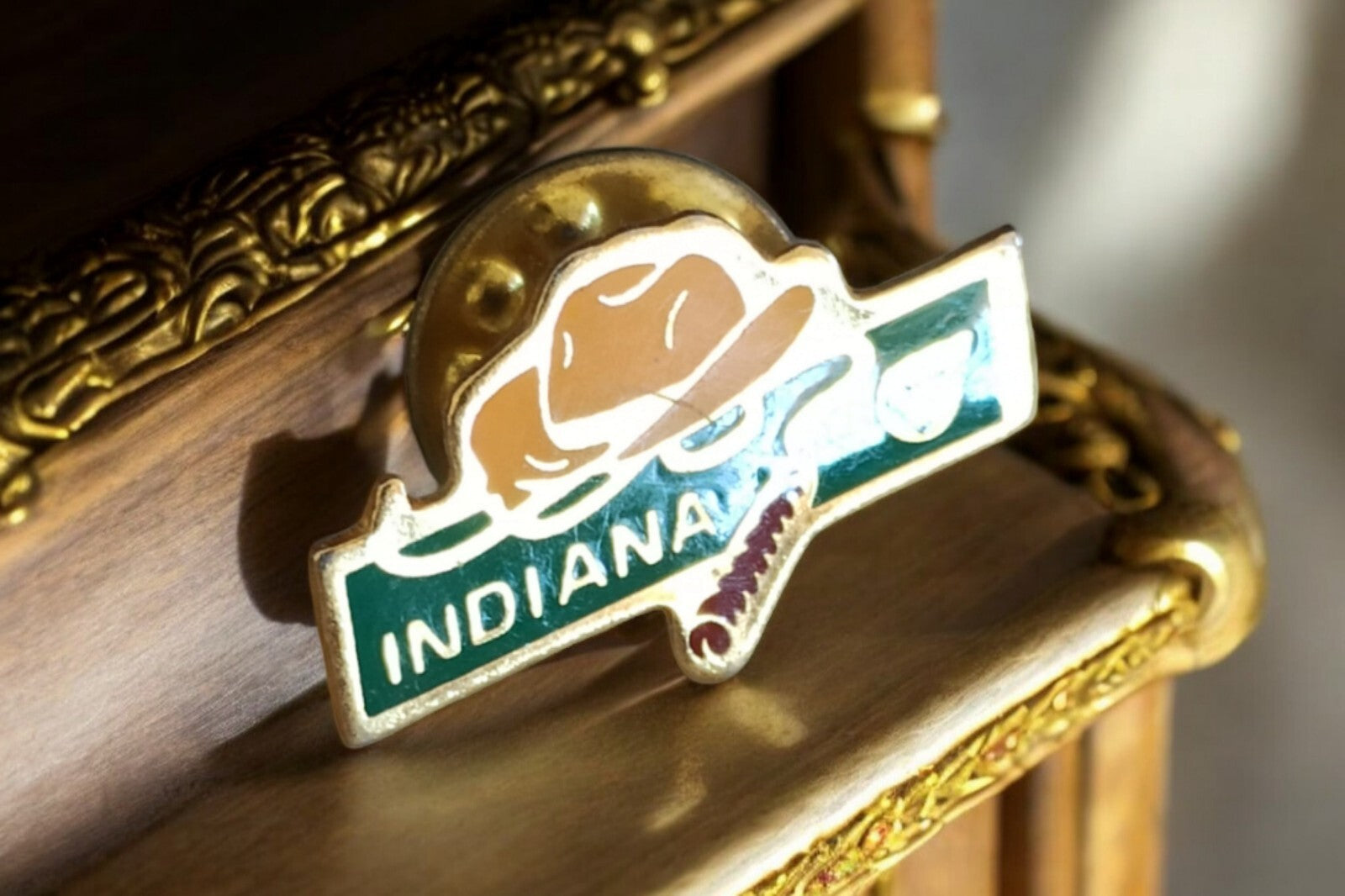 Pin's vintage Indiana vert chapeau style souvenir USA badge émaillé rétro