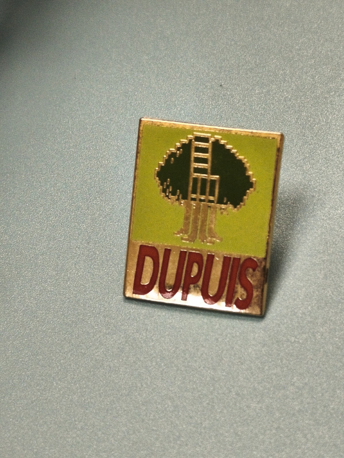 Pin's vintage Dupuis carré logo arbre échelle vert jaune collection années 80