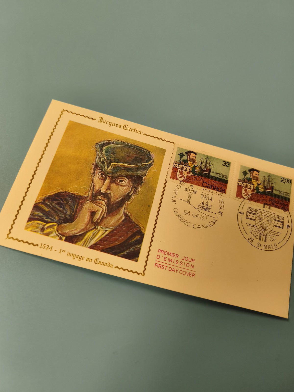 Enveloppe FDC premier jour Jacques Cartier Canada timbres 1984 illustration coul