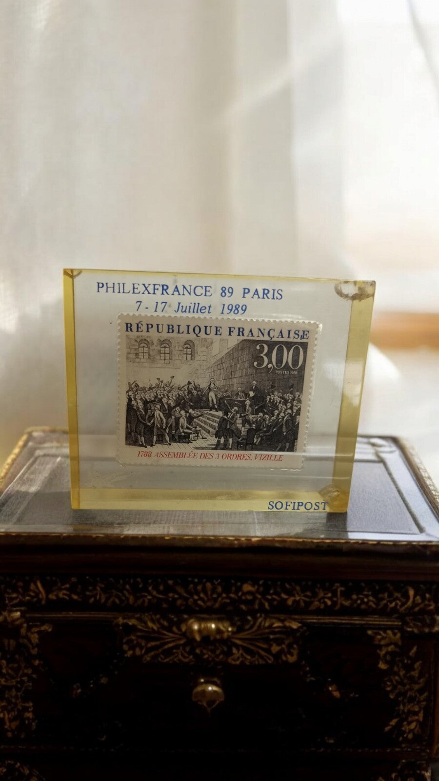 Bloc plexiglas timbre 1788 Assemblée 3 Ordres Philexfrance 1989 Sofipost