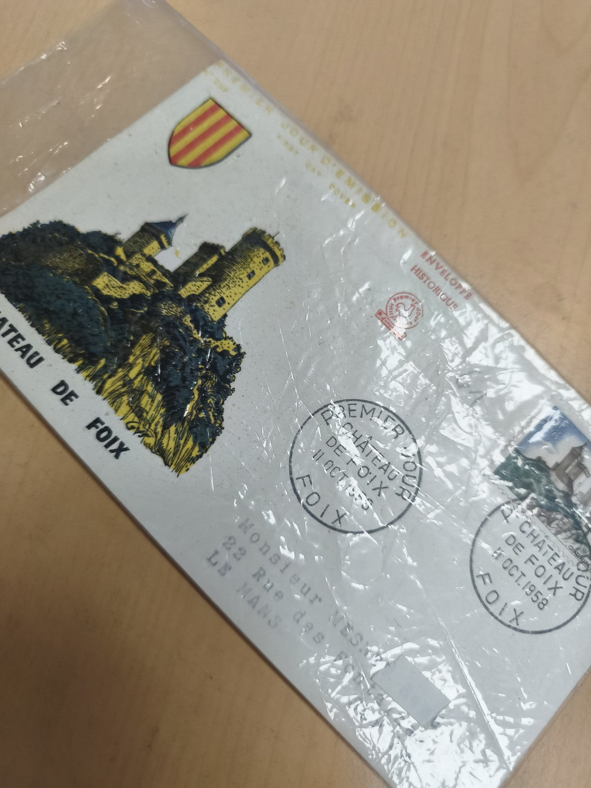 Enveloppe philatélie Château de Foix illustrée cachet 1958 blason Ariège
