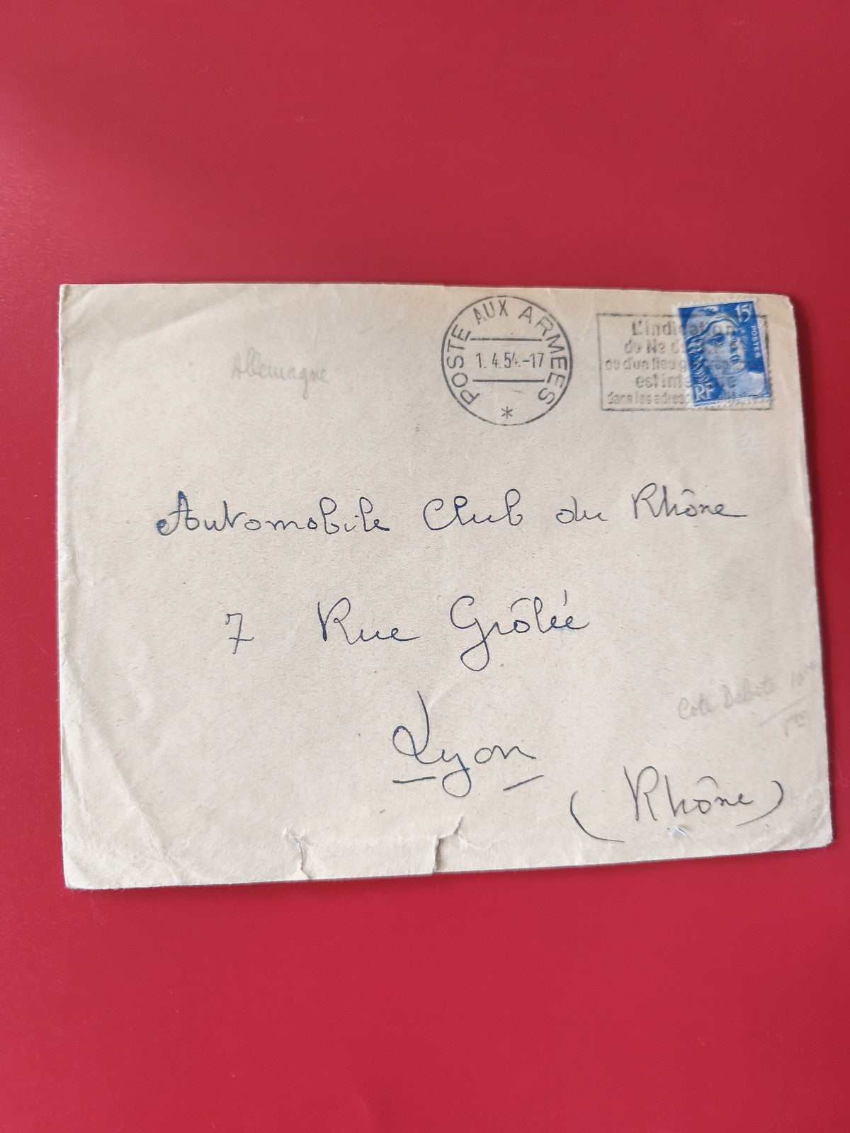 Enveloppe philatélie timbre bleu 15c Poste aux Armées adressée Lyon