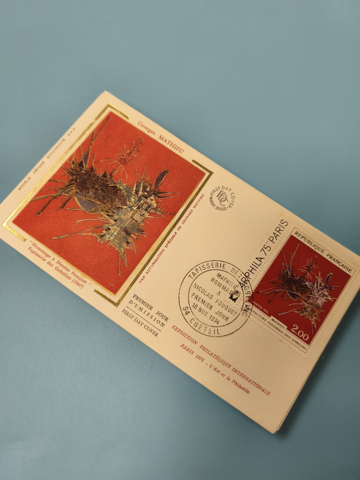 Enveloppe FDC premier jour d?émission Georges Mathieu timbre 200c motif rouge
