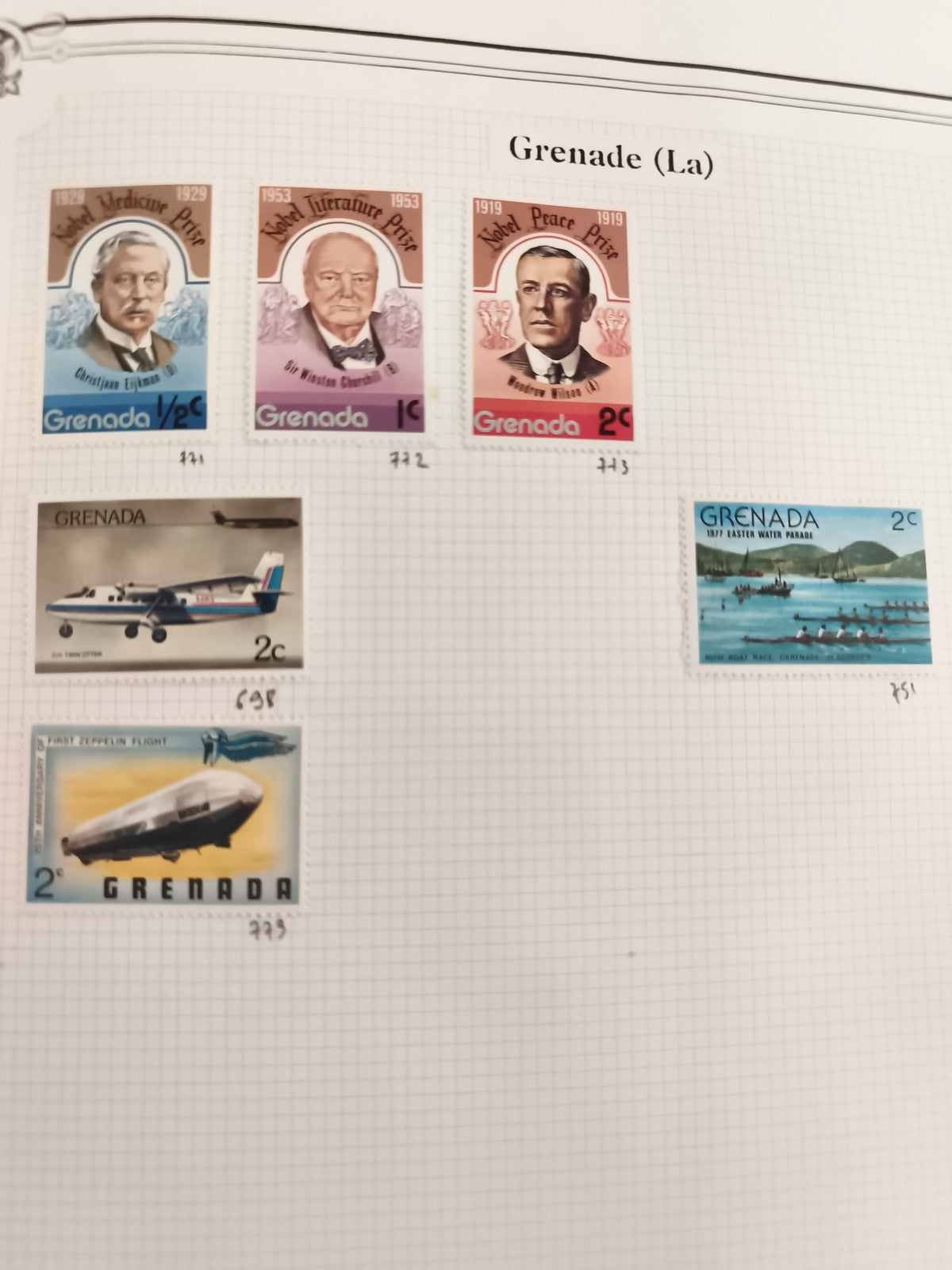 Timbres anciens Grenade Nobel Churchill avion Zeppelin 1977 x6 philatélie vintag