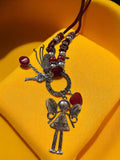 Collier pendentif ange fantaisie vintage rouge argenté perles rétro bohème