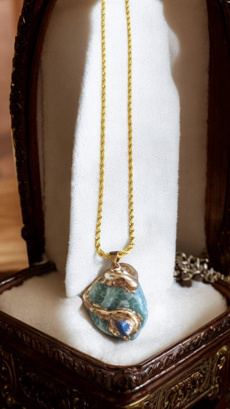 Collier pendentif femme plaqué or pierre verte lapis lazuli aventurine