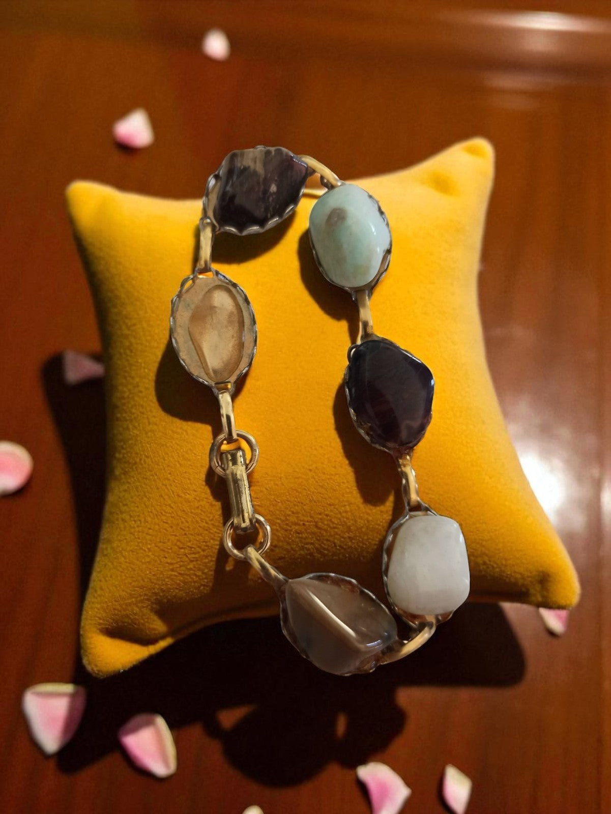 Bracelet vintage pierres naturelles, maillons irréguliers, ancien bijou rétro