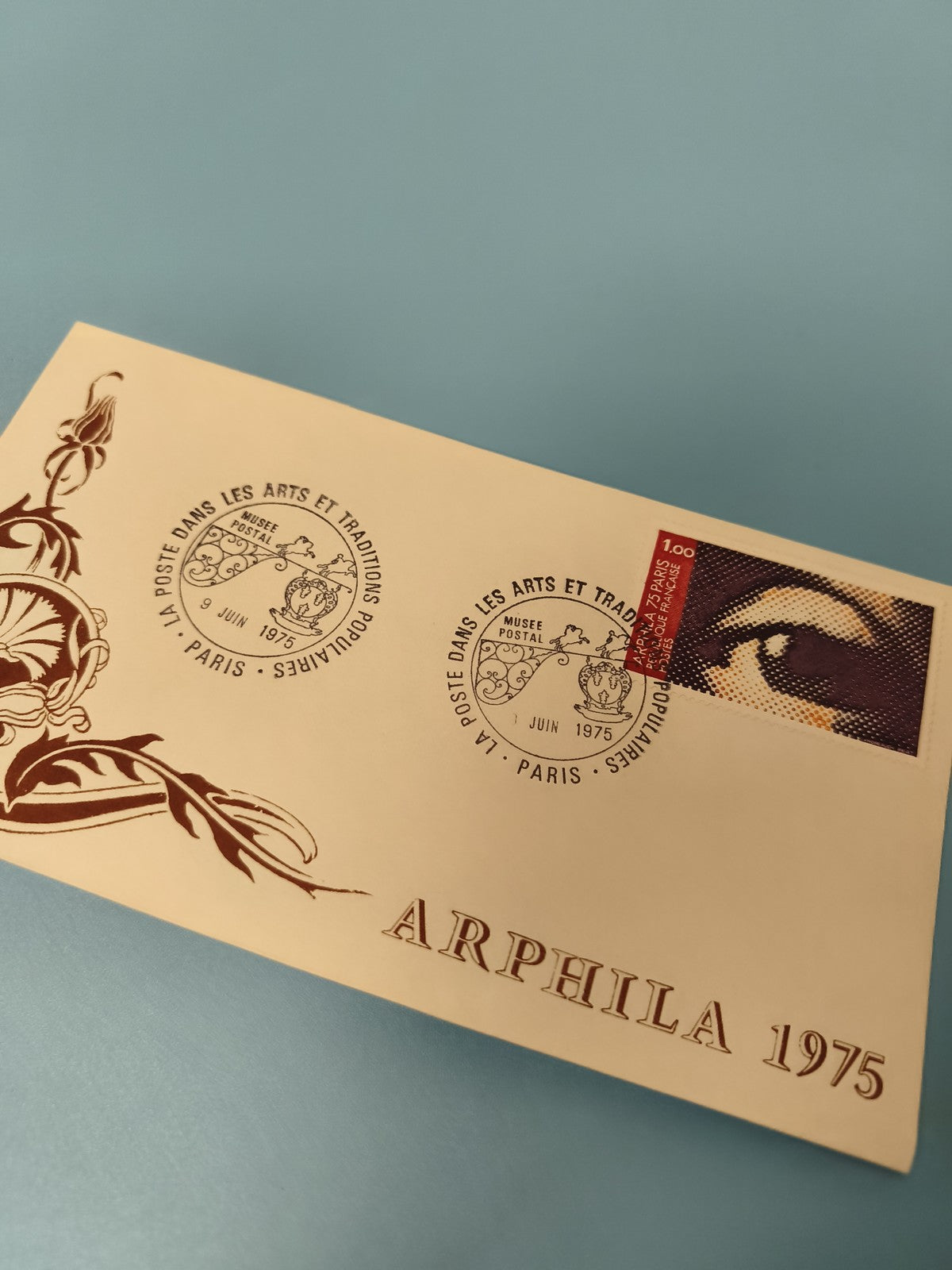 Ancienne enveloppe philatélie Arphila 1975 timbre ?il Paris arts traditions