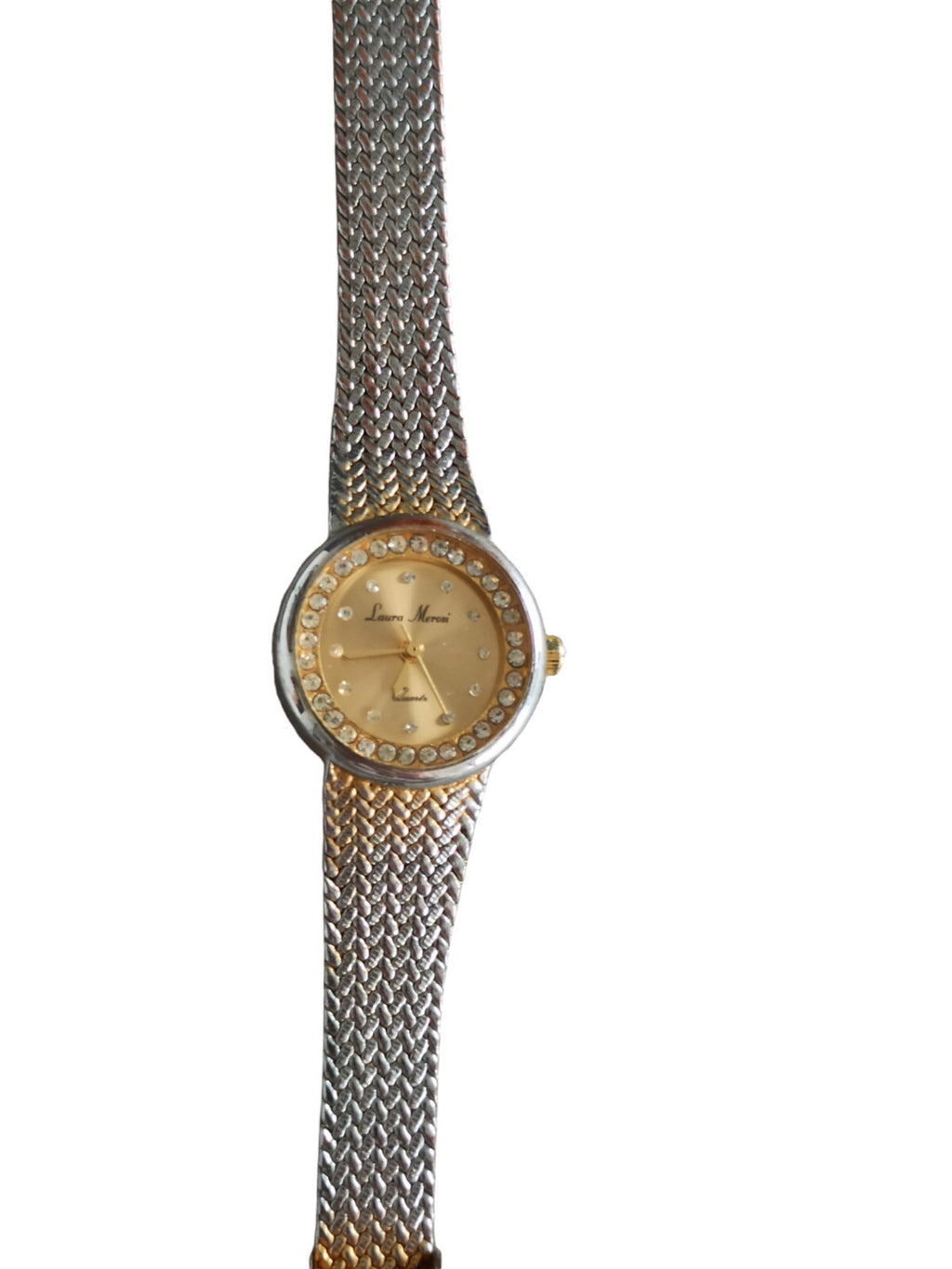 Montre vintage Laura Mérosi femme, cadran doré strass, bracelet maille métal