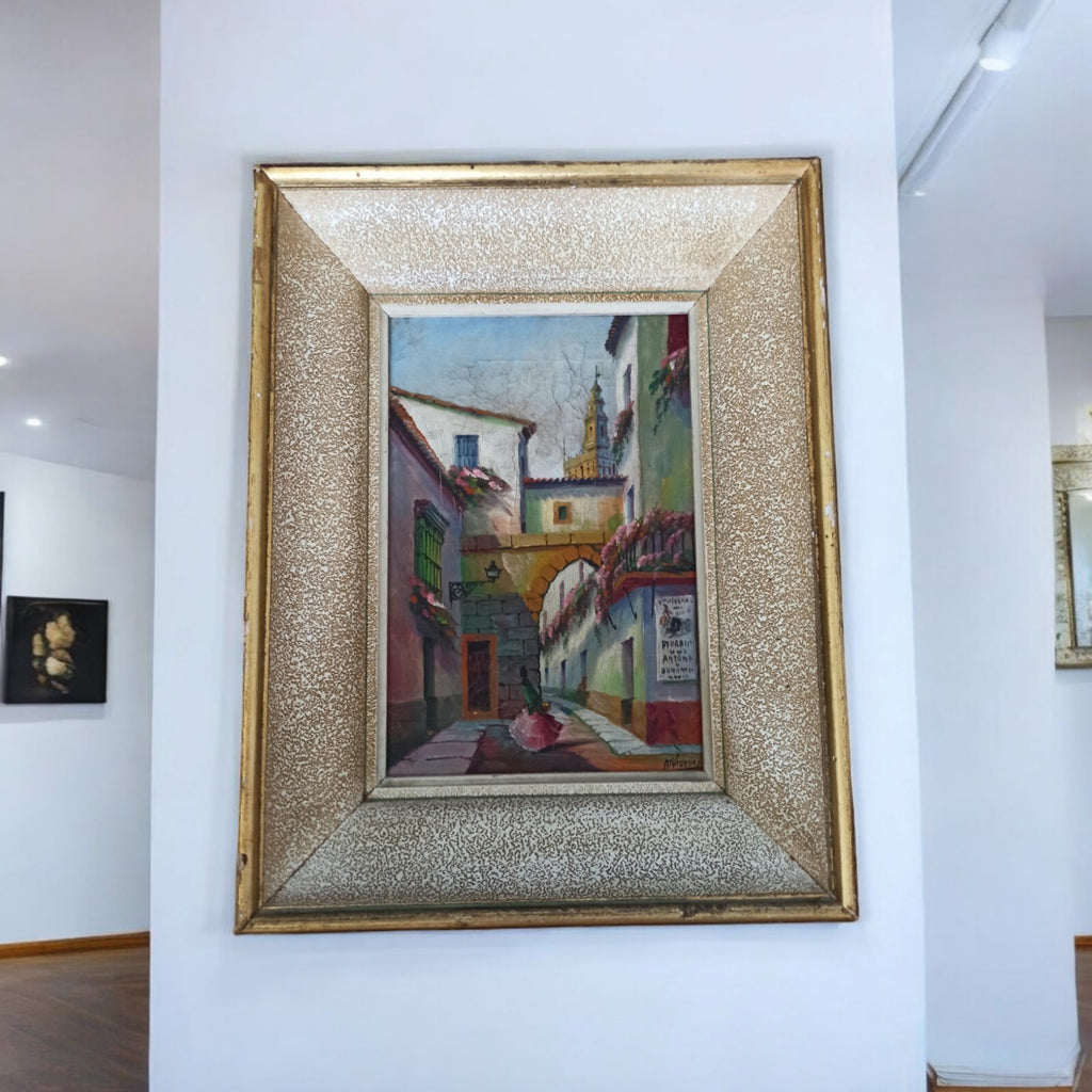 Tableau peinture scène de rue andalouse cadre doré 35x27cm Espagne mural