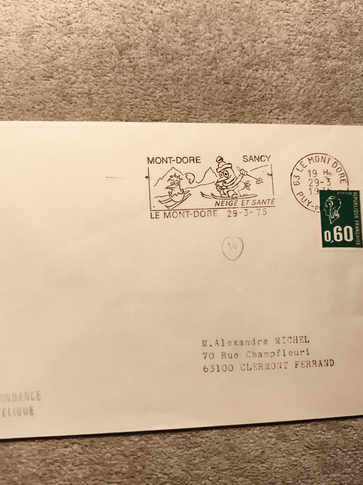 Lettre oblitérée Mont-Dore 1975 ski Sancy timbre 0,60 FR philatélie (Ref 12)