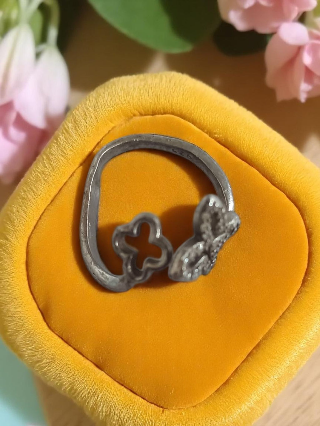 Bague ancienne en argent 925 motif fleur et papillon vintage taille 45