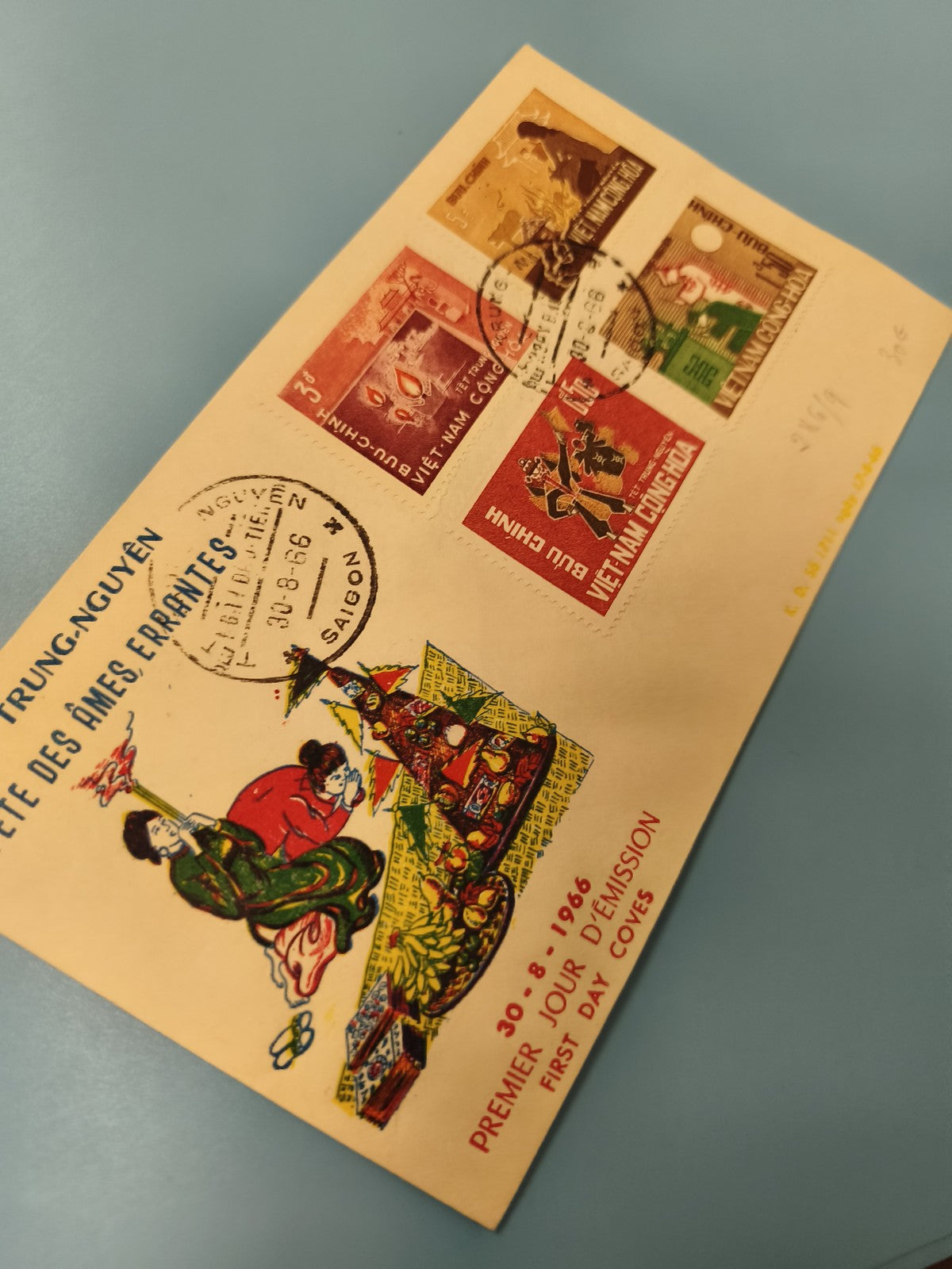 Ancienne enveloppe FDC Vietnam 1966 illustrée, timbres fête des âmes errantes